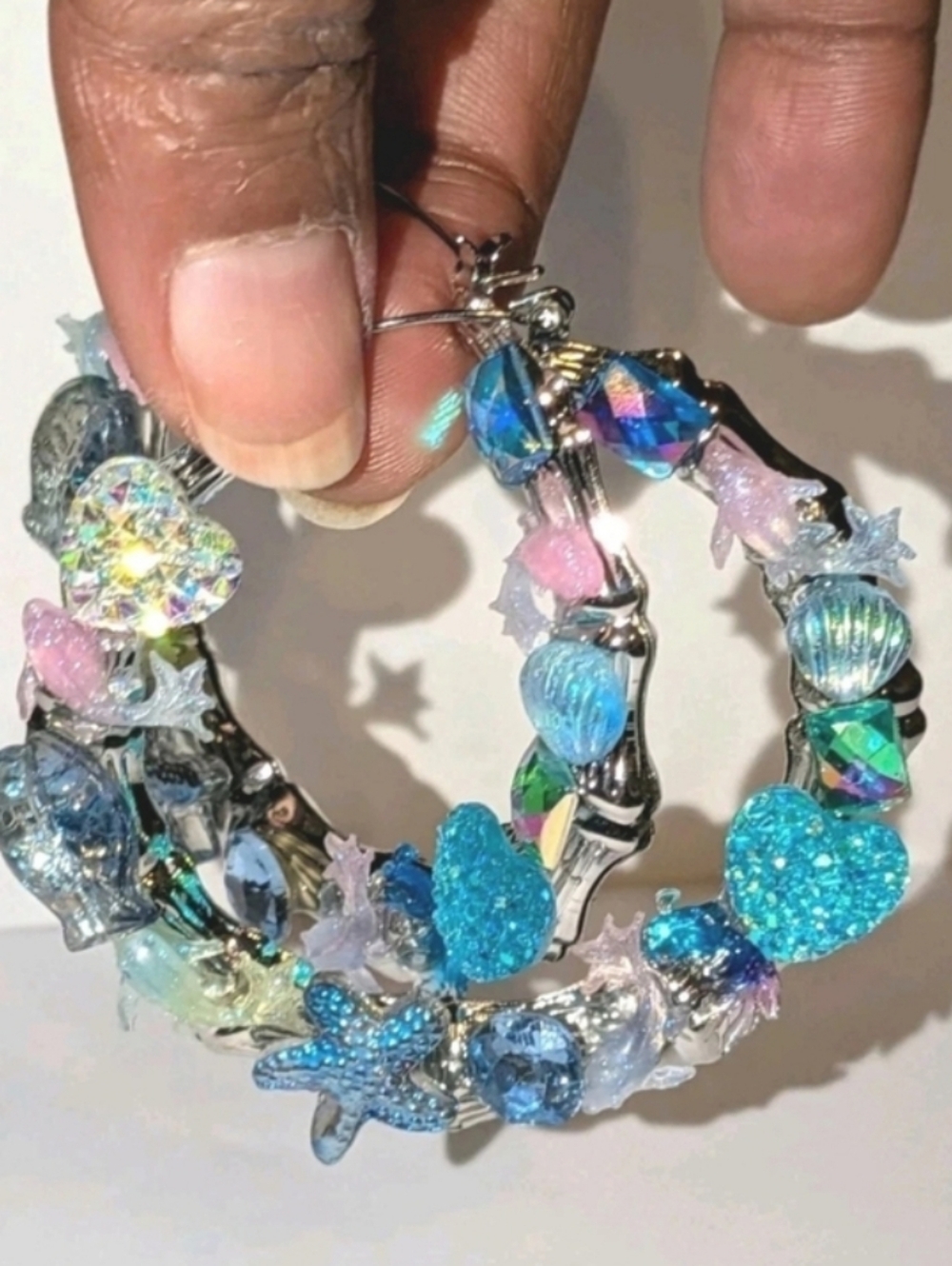 Handmade Iridescent Blue Beach-Themed Hoop Earrings